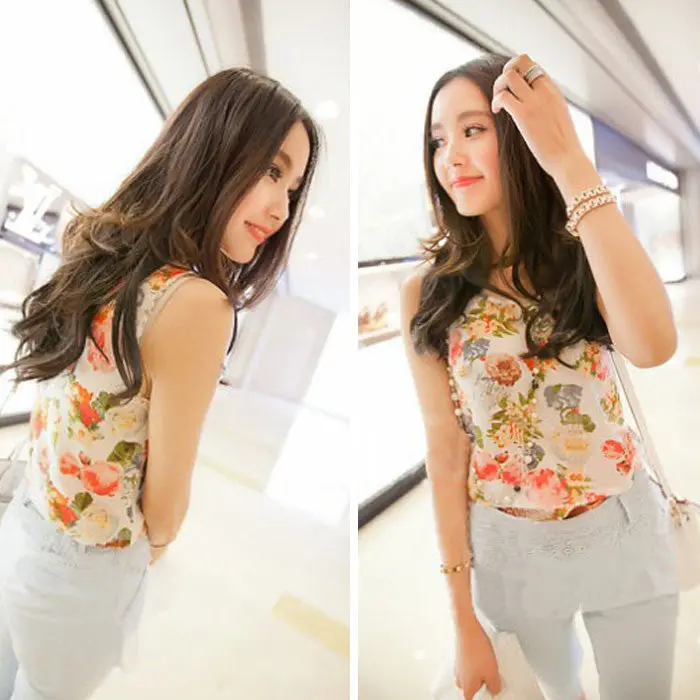 Women Casual Chiffon Elegant Sleeveless Flower Shirt Blouse S Vest Tank Tops 2