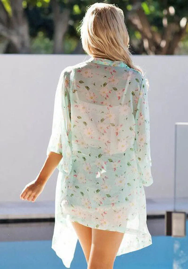 Women Casual Chiffon Floral Print Half Sleeve Blouse Loose Long Kimonos Cardigan Plus Blusa 2