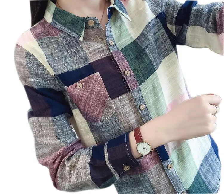 Women Casual Cotton Long Sleeve Plaid Shirt Slim Outerwear Blouse Tops Pus Size Blusas Shirts Femme Gv435 3