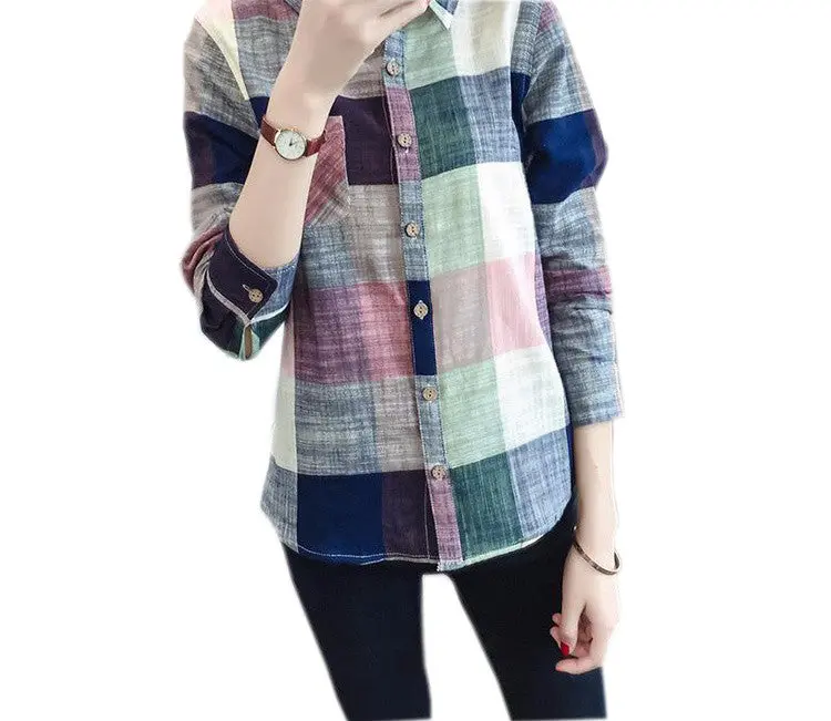 Women Casual Cotton Long Sleeve Plaid Shirt Slim Outerwear Blouse Tops Pus Size Blusas Shirts Femme Gv435 4