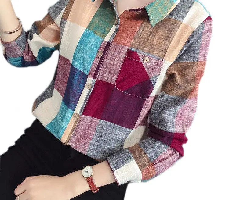 Women Casual Cotton Long Sleeve Plaid Shirt Slim Outerwear Blouse Tops Pus Size Blusas Shirts Femme Gv435 6