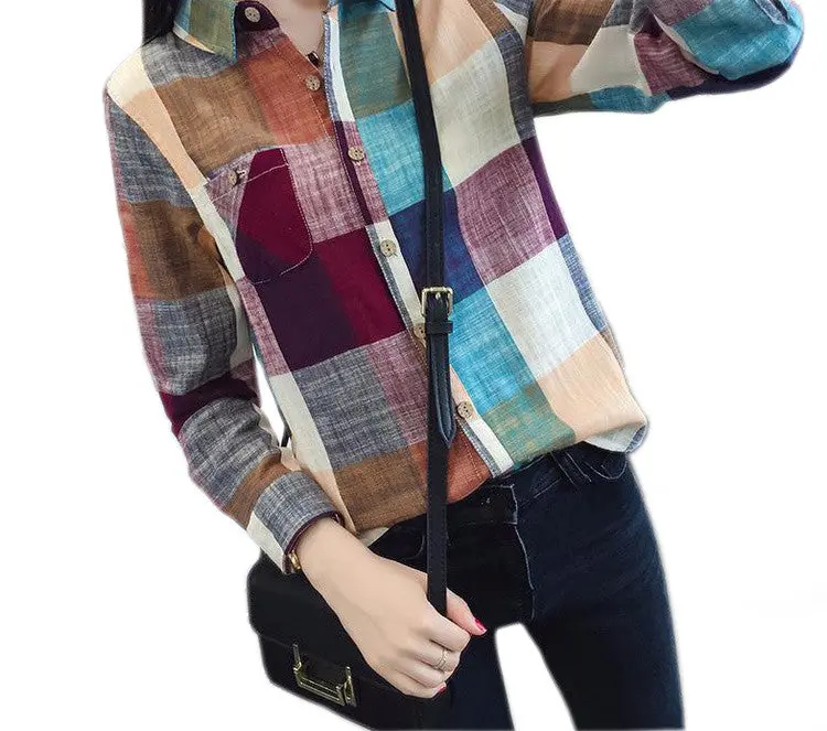 Women Casual Cotton Long Sleeve Plaid Shirt Slim Outerwear Blouse Tops Pus Size Blusas Shirts Femme Gv435 6