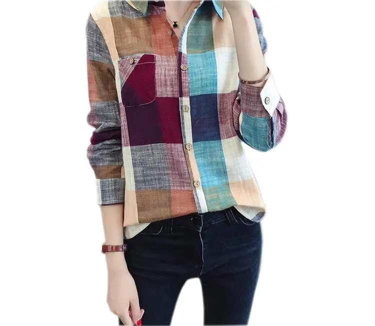 Women Casual Cotton Long Sleeve Plaid Shirt Slim Outerwear Blouse Tops Pus Size Blusas Shirts Femme Gv435 7
