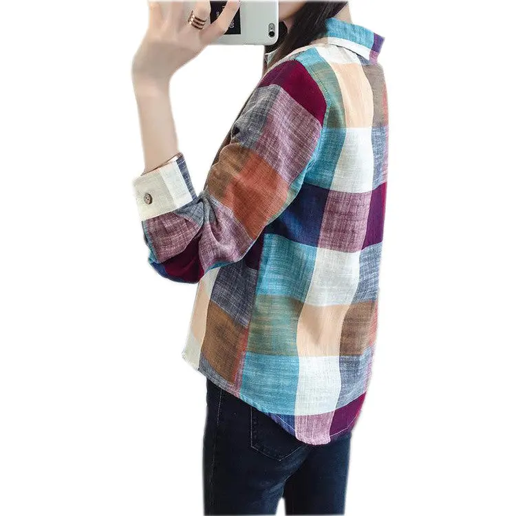 Women Casual Cotton Long Sleeve Plaid Shirt Slim Outerwear Blouse Tops Pus Size Blusas Shirts Femme Gv435 8