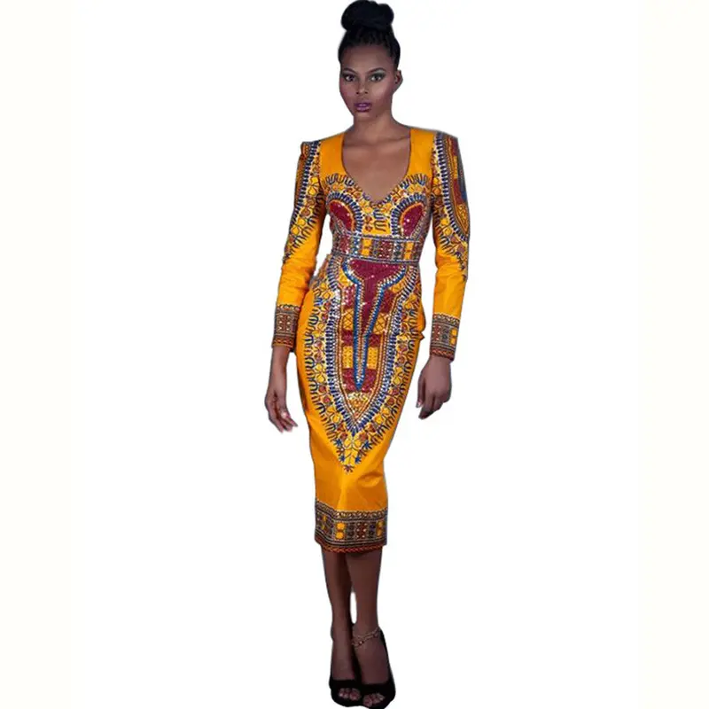 Women Casual Deep V-Neck Traditional African Print Party Dress Vestidos Plus Size Womens Clothing Night Dress 1