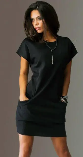 Women Casual Dress 3 Colors Straight Short Sleeve Solid O-Neck Mini Dress Two Pocket Sexy Dresses Zx075 1