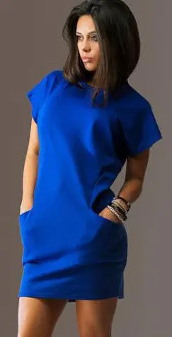 Women Casual Dress 3 Colors Straight Short Sleeve Solid O-Neck Mini Dress Two Pocket Sexy Dresses Zx075 5