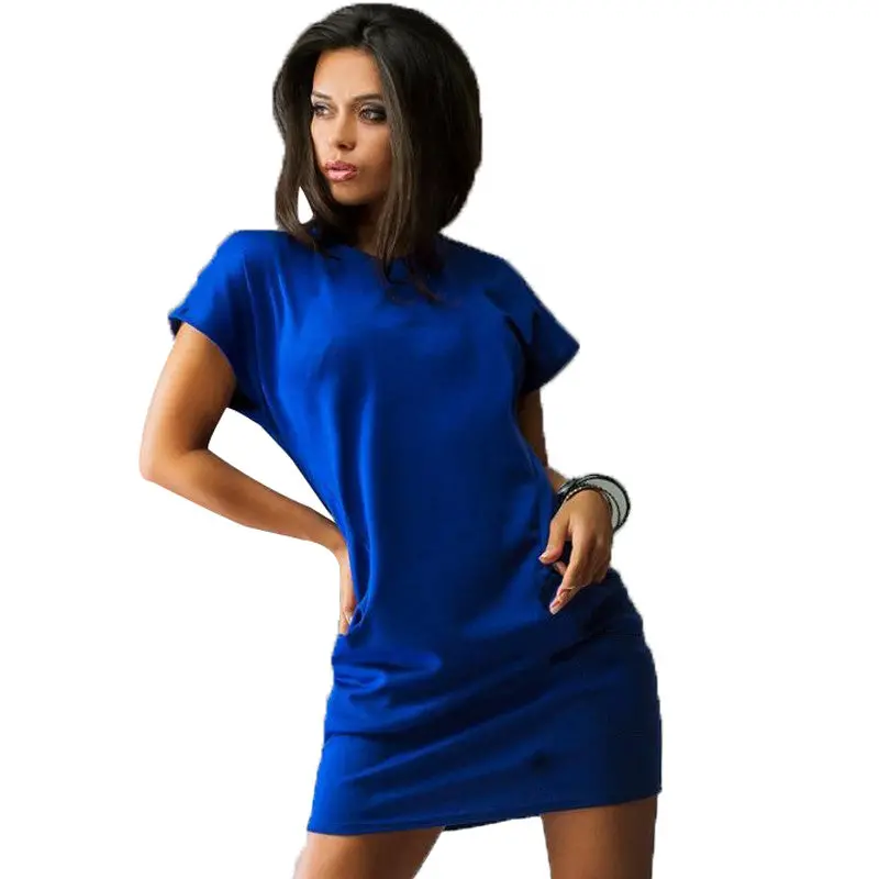 Women Casual Dress 3 Colors Straight Short Sleeve Solid O-Neck Mini Dress Two Pocket Sexy Dresses Zx075 5