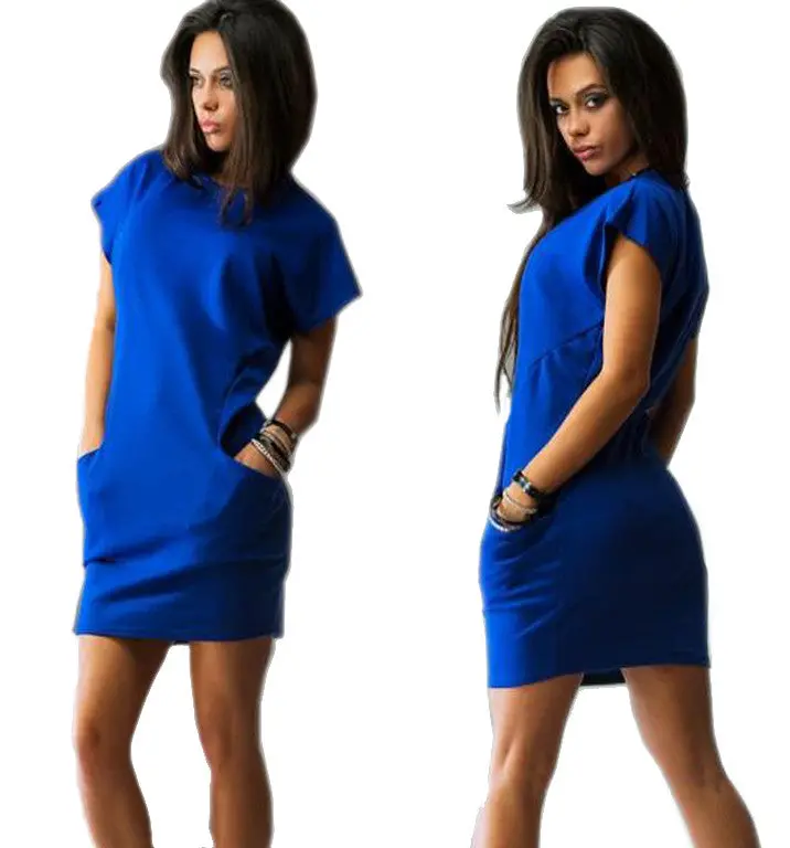 Women Casual Dress 3 Colors Straight Short Sleeve Solid O-Neck Mini Dress Two Pocket Sexy Dresses Zx075 6