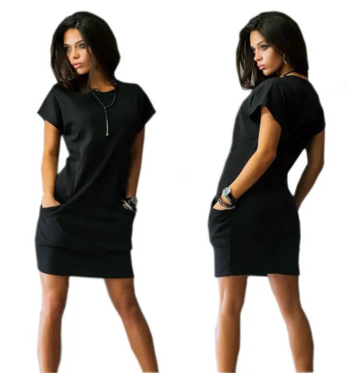 Women Casual Dress 3 Colors Straight Short Sleeve Solid O-Neck Mini Dress Two Pocket Sexy Dresses Zx075 7