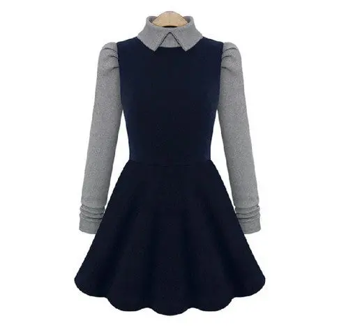 Women Casual Dress Long Sleeve Peter Pan Collar Knitted Patchwork Dress Vintage Plus Size Vestidos Dh1302 1