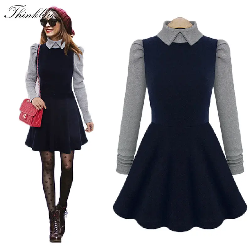 Women Casual Dress Long Sleeve Peter Pan Collar Knitted Patchwork Dress Vintage Plus Size Vestidos Dh1302 2