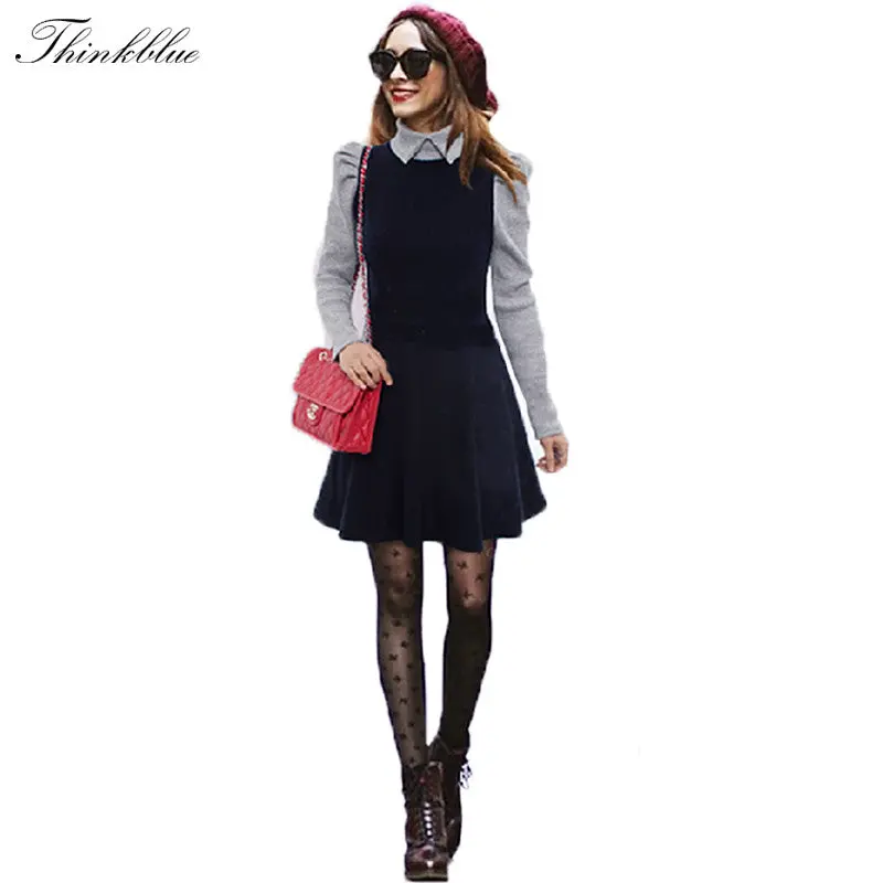 Women Casual Dress Long Sleeve Peter Pan Collar Knitted Patchwork Dress Vintage Plus Size Vestidos Dh1302 3