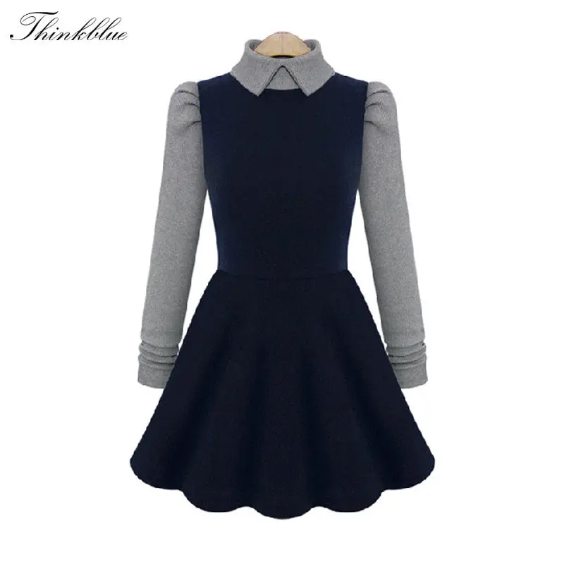 Women Casual Dress Long Sleeve Peter Pan Collar Knitted Patchwork Dress Vintage Plus Size Vestidos Dh1302 4