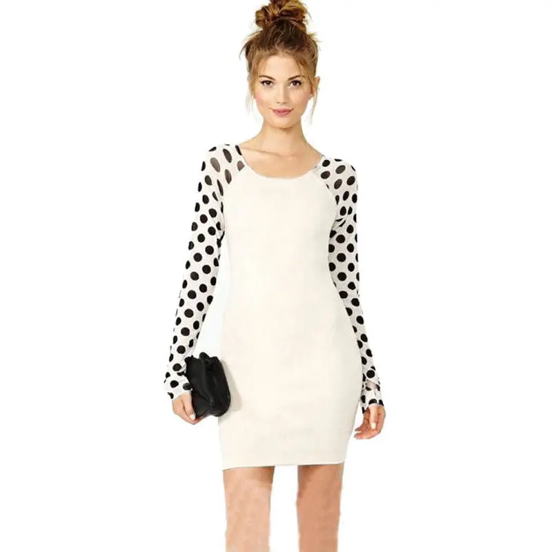 Women Casual Dress Slim Bodycon Black Point Polka Dot Splicing Dress Oneck Slim Dress 1