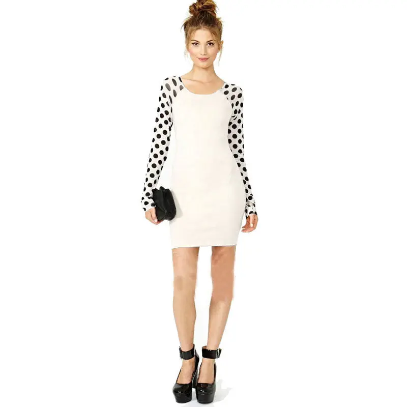 Women Casual Dress Slim Bodycon Black Point Polka Dot Splicing Dress Oneck Slim Dress 2