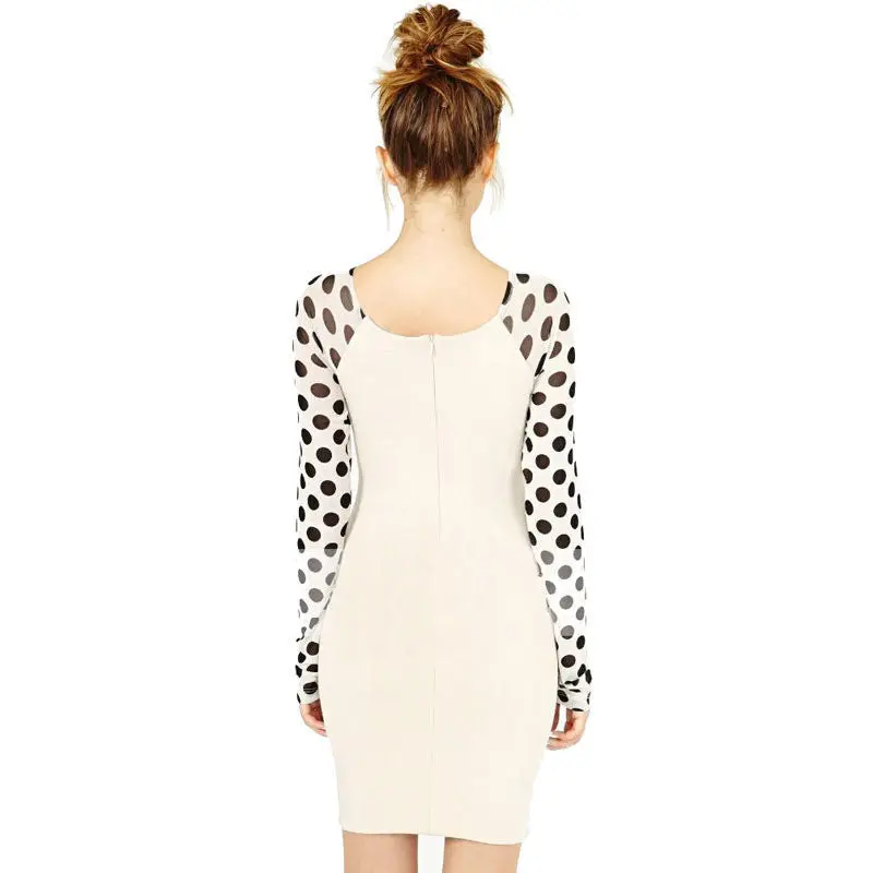 Women Casual Dress Slim Bodycon Black Point Polka Dot Splicing Dress Oneck Slim Dress 3