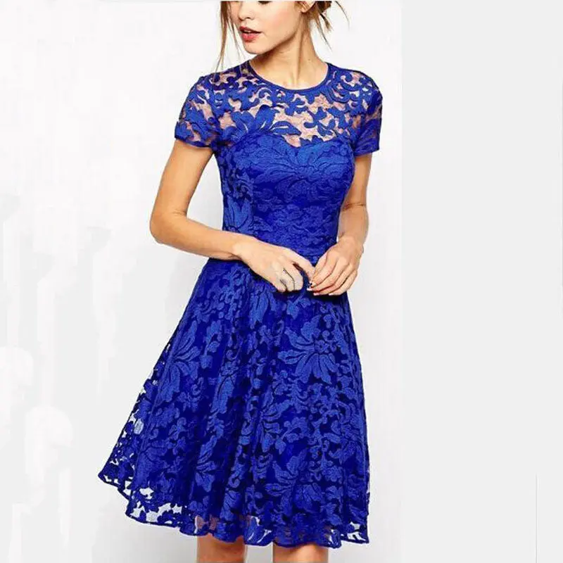 Women Casual Dress Slim Vestidos Women Blue Floral Lace Flower Print Party Loose Dress Hg7765 1