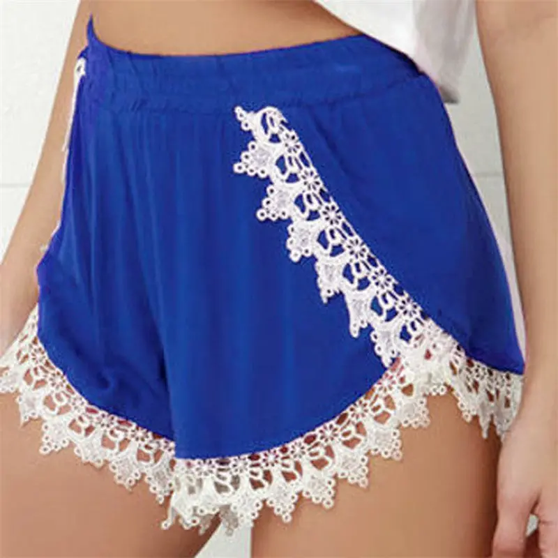 Women Casual High Waist Lace Short Pants Blue Plus Size 1