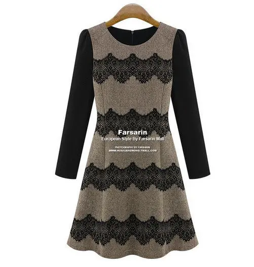 Women Casual Knitted Long Sleeve Slim Dress Wave Striped Lace Flocking Dress Vintage Plus Size Vestido 1