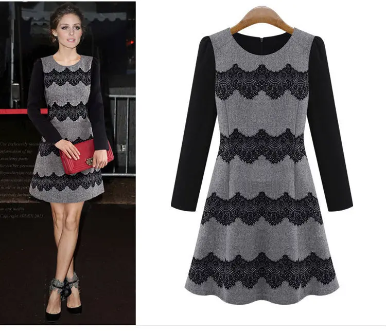 Women Casual Knitted Long Sleeve Slim Dress Wave Striped Lace Flocking Dress Vintage Plus Size Vestido 3