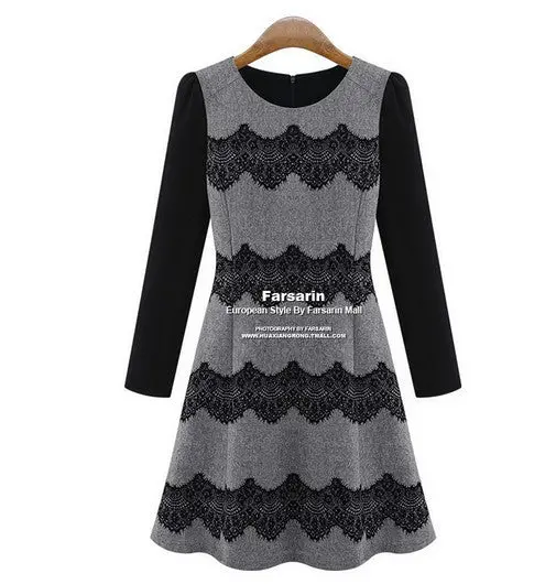Women Casual Knitted Long Sleeve Slim Dress Wave Striped Lace Flocking Dress Vintage Plus Size Vestido 4