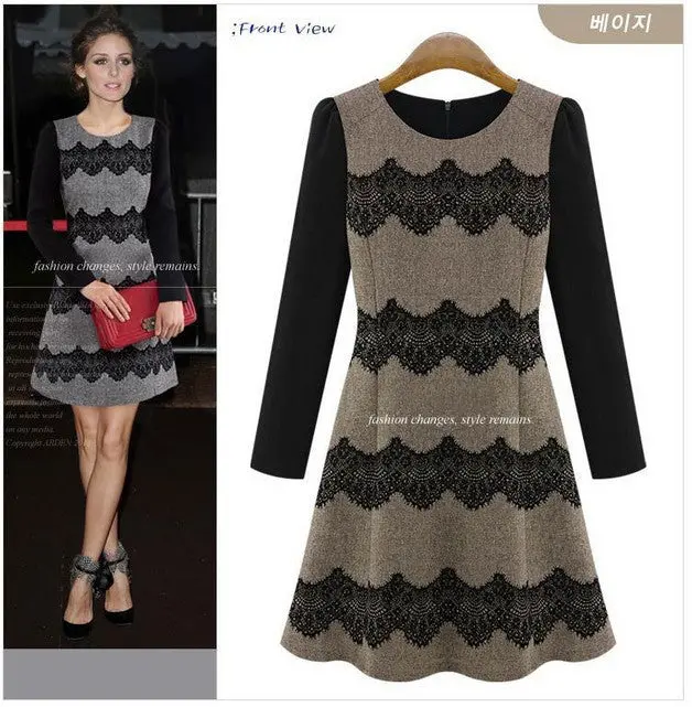 Women Casual Knitted Long Sleeve Slim Dress Wave Striped Lace Flocking Dress Vintage Plus Size Vestido 4