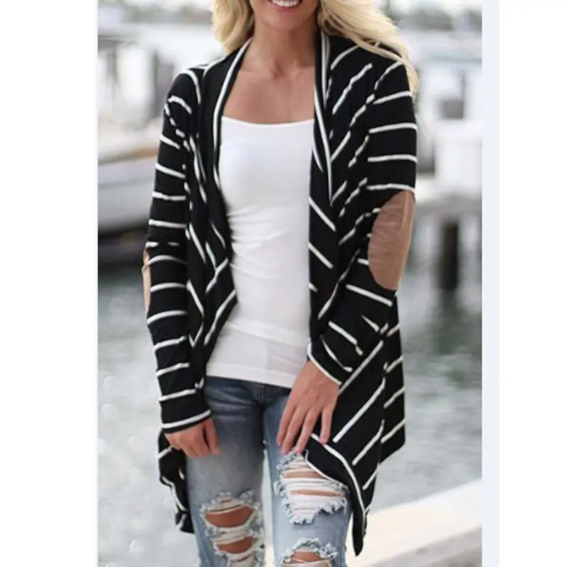 Women Casual Long Sleeve Striped Cardigans Patchwork Outwear 1