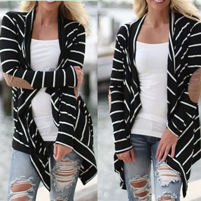 Women Casual Long Sleeve Striped Cardigans Patchwork Outwear 2
