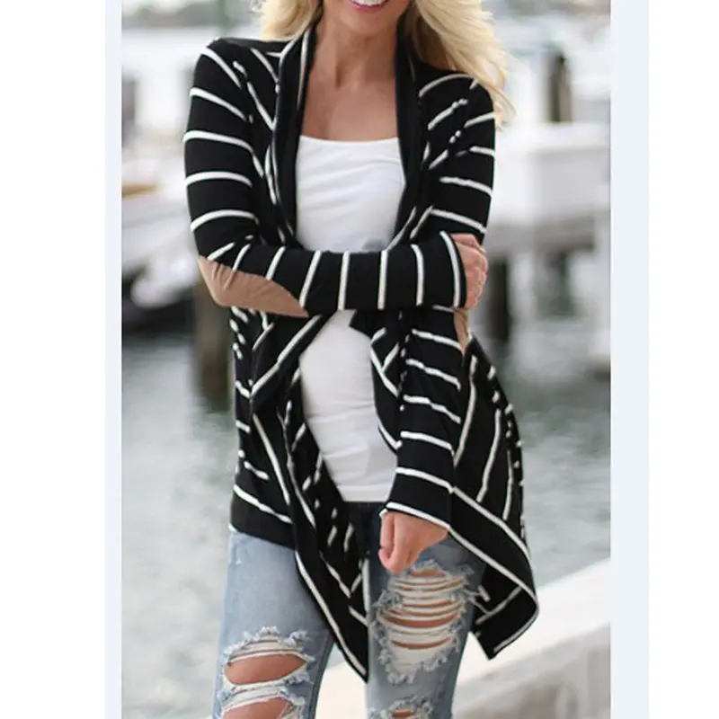 Women Casual Long Sleeve Striped Cardigans Patchwork Outwear 3