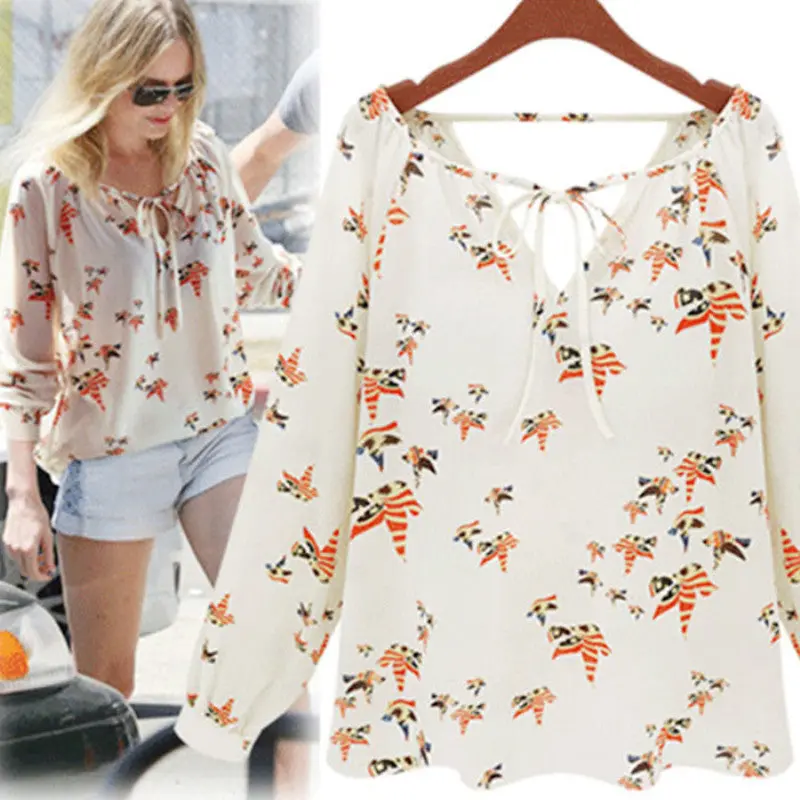 Women Casual Long Sleeve Tether Blouse Chiffon Floral Shirt 1