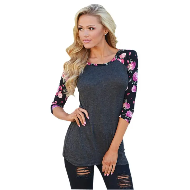 Women Casual Patchwork Flower Print Shirts Half Sleeve Floral Solid Blouse Vintage Tops Ladies Tops M0082 1