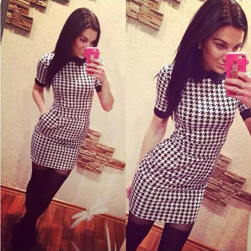 Women Casual Slim Short Sleeved Plaid Print Bodycon Dresses Plus Size Vestidos 1