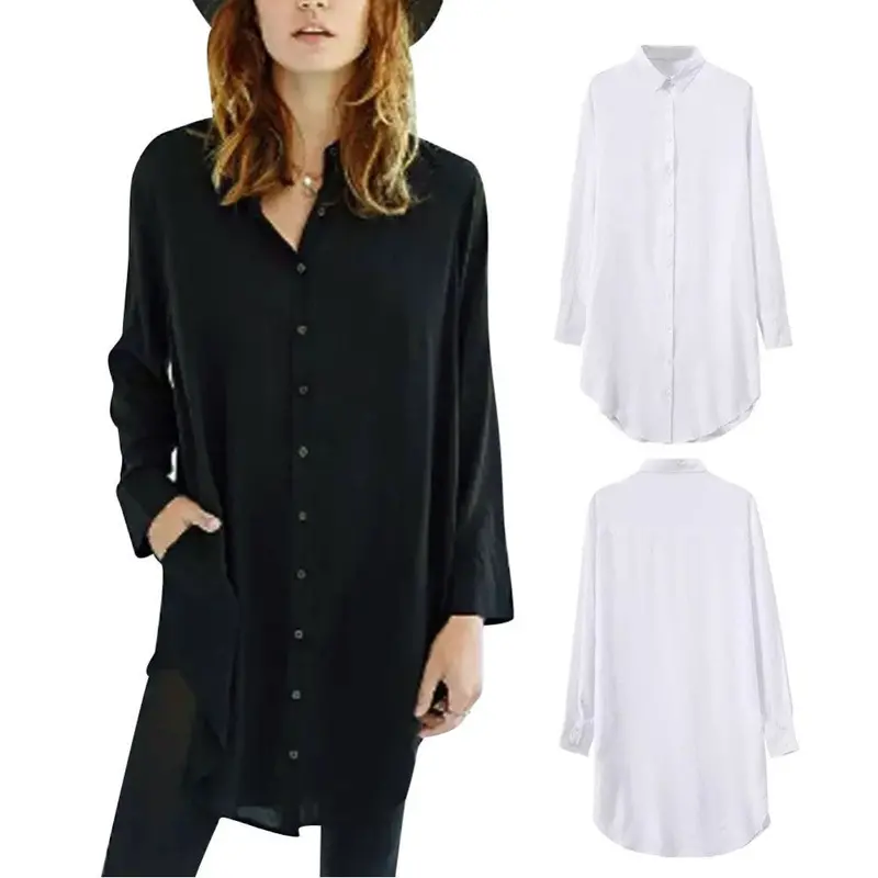 Women Casual Solid Color Long Sleeve Long Shirt Outerwear Shirts 1