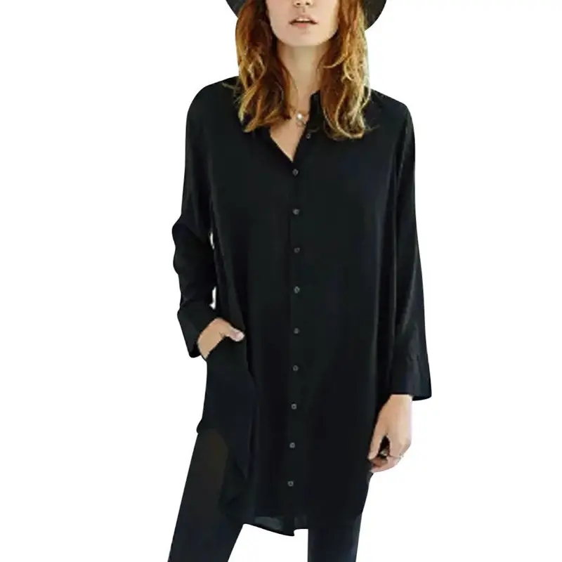 Women Casual Solid Color Long Sleeve Long Shirt Outerwear Shirts 2