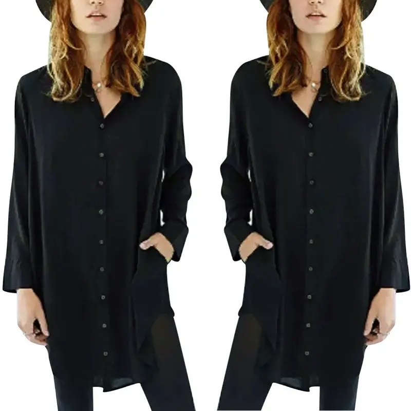 Women Casual Solid Color Long Sleeve Long Shirt Outerwear Shirts 4