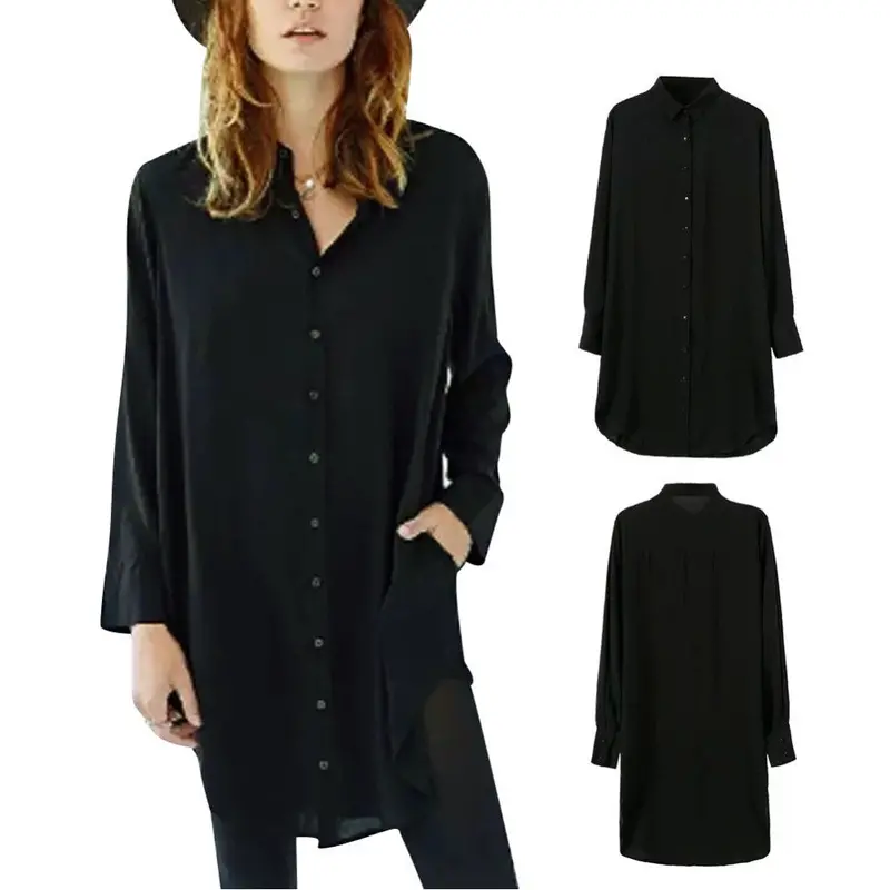Women Casual Solid Color Long Sleeve Long Shirt Outerwear Shirts 5