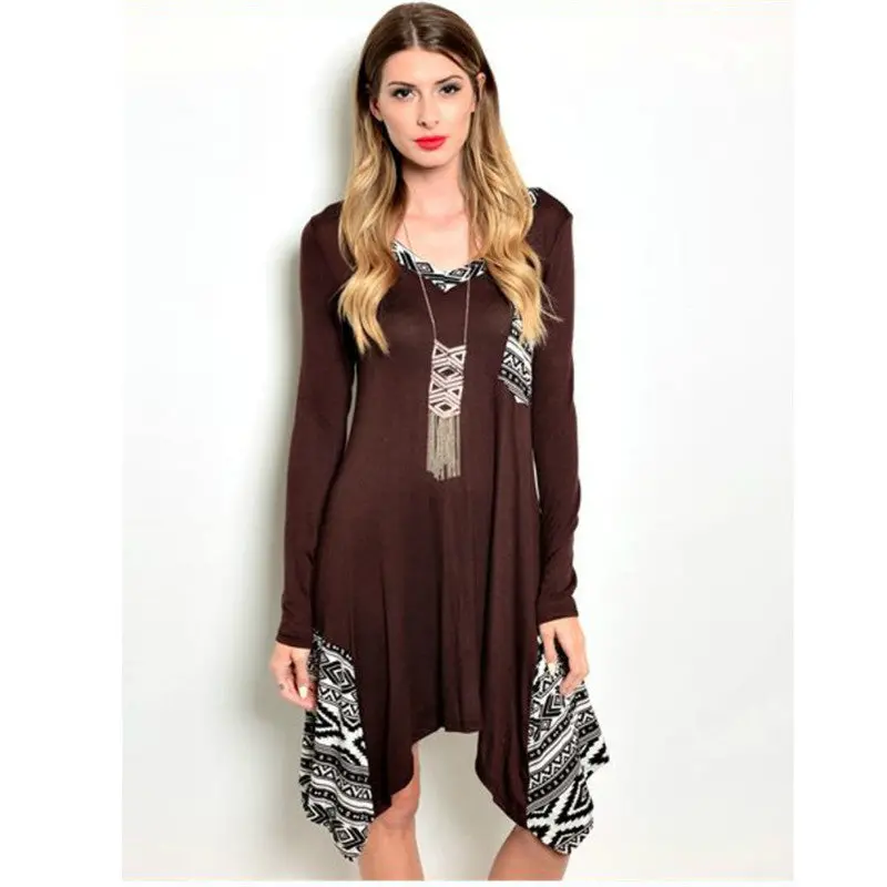 Women Casual Solid Irregular Dress Long Sleeve Cotton Loose Women Dress Plus Size V Neck Tunic Dress 2