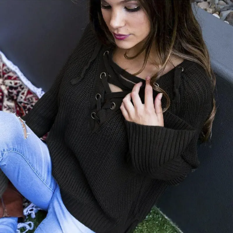 Women Casual Sweater Knitted Sweater Women Knitted Sweater 5 Colors Sexy Lace Up Cross Pullover Gv354 1