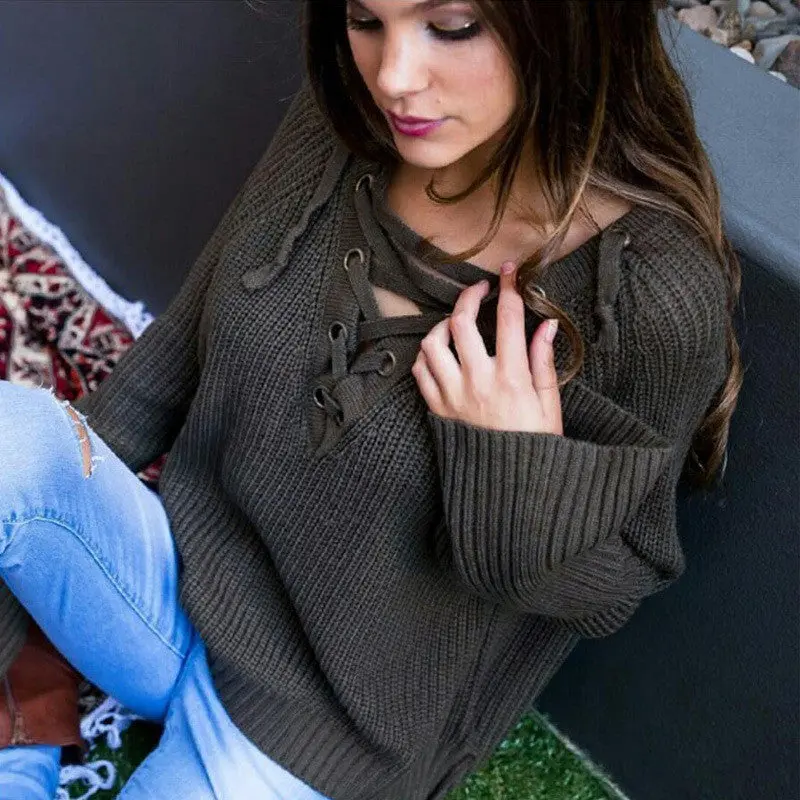 Women Casual Sweater Knitted Sweater Women Knitted Sweater 5 Colors Sexy Lace Up Cross Pullover Gv354 2