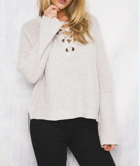 Women Casual Sweater Knitted Sweater Women Knitted Sweater 5 Colors Sexy Lace Up Cross Pullover Gv354 5