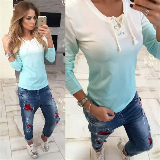 Women Casual T Shirt Tops Tops & Tees Lace Up Gradient Color Long Sleeve T-Shirts Plus Size Gv251 1