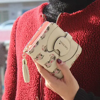 Women Cat Purse Short Wallet Bags Card Holder Tassel Design Leather Zipper Wallet Cards Holder Clutch For Women 1