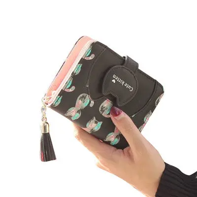 Women Cat Purse Short Wallet Bags Card Holder Tassel Design Leather Zipper Wallet Cards Holder Clutch For Women 2