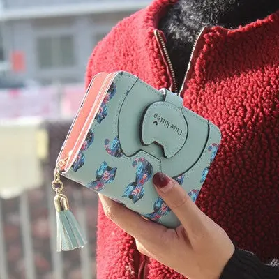 Women Cat Purse Short Wallet Bags Card Holder Tassel Design Leather Zipper Wallet Cards Holder Clutch For Women 3