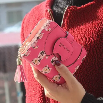 Women Cat Purse Short Wallet Bags Card Holder Tassel Design Leather Zipper Wallet Cards Holder Clutch For Women 4
