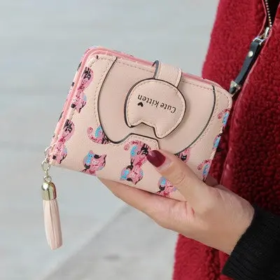 Women Cat Purse Short Wallet Bags Card Holder Tassel Design Leather Zipper Wallet Cards Holder Clutch For Women 5