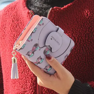 Women Cat Purse Short Wallet Bags Card Holder Tassel Design Leather Zipper Wallet Cards Holder Clutch For Women 6