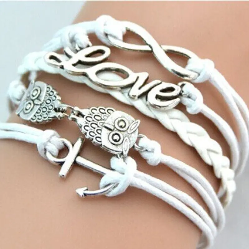 Women Charms Decoration Faux Leather Handmade Adjustable Owl Anchor Wristband Multilayer Love Bracelet Gifts 1