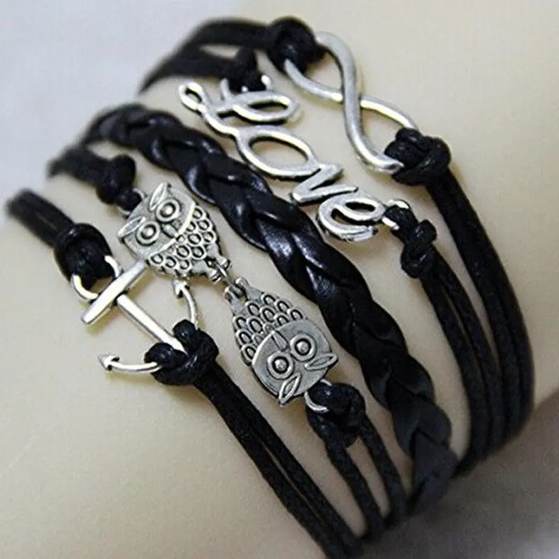 Women Charms Decoration Faux Leather Handmade Adjustable Owl Anchor Wristband Multilayer Love Bracelet Gifts 2